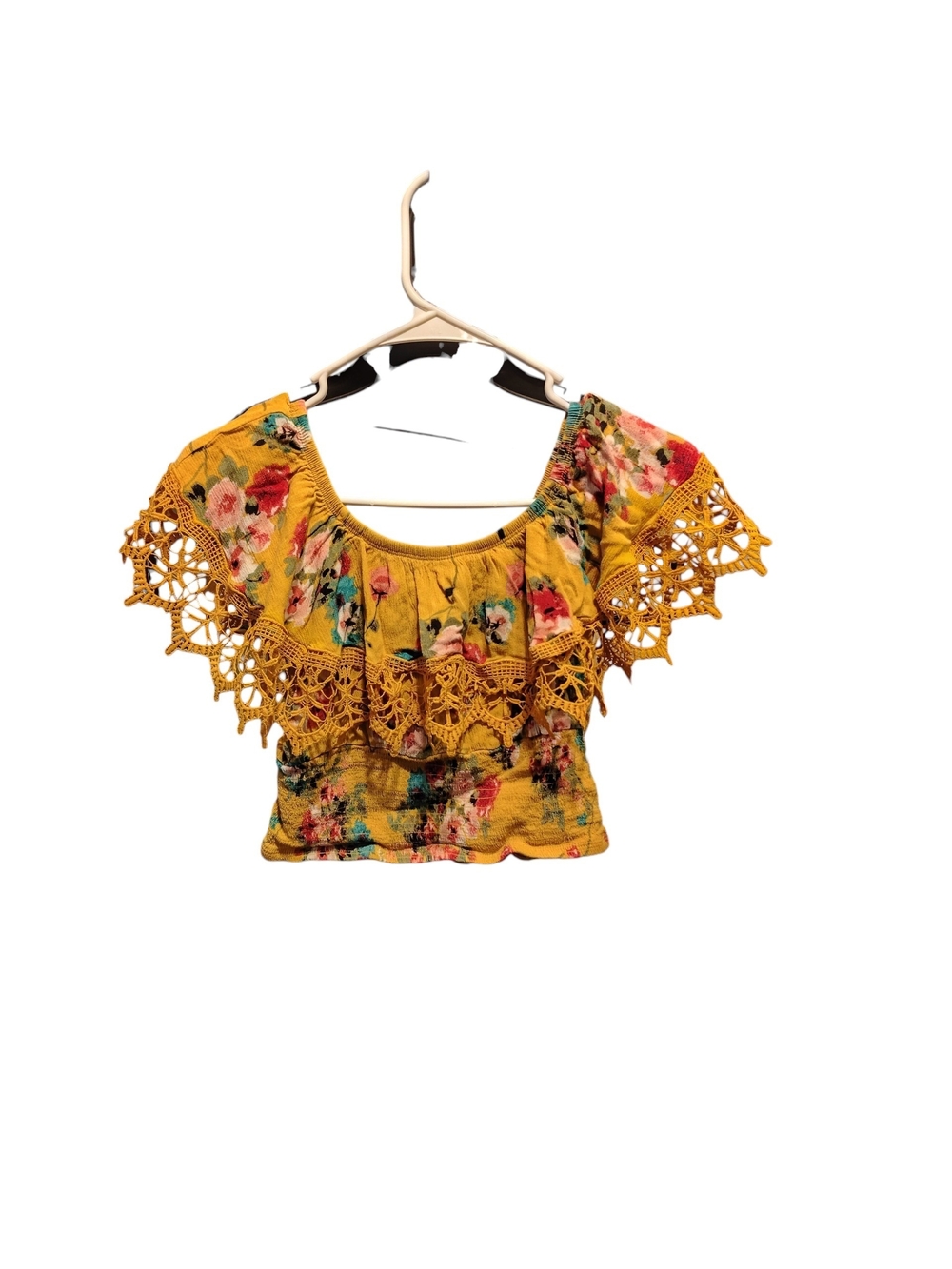 Floral Crochet Ruffle Crop Top - Yellow